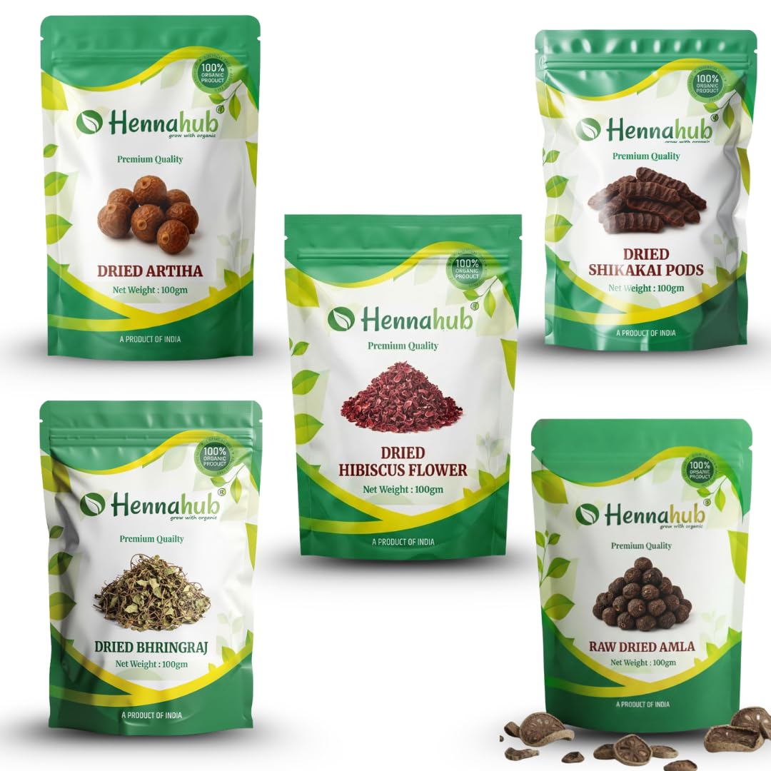Hennahub Complete Hair Care Raw Herb Combo | Amla, Reetha, Shikakai, Hibiscus & Bhringraj | Pack of 5 × 100g | Traditional Hair Wash, Hair Growth, Anti-Dandruff & Natural Shine | 100% Raw Herbs-image-44
