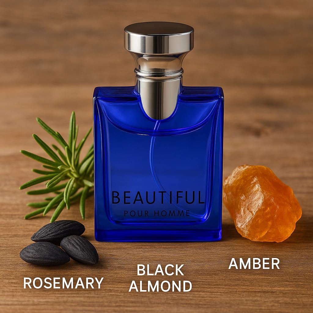 Men's Perfume, Beautiful Pour Homme Cologne For Men, Blue Glass Bottle, Luxury Fragrance with Rosemary, Black Almond, Amber Notes 100ml (3.4 fl.oz) - Image 2