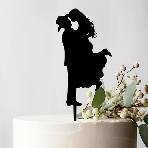 Country Western - Decoración para tartas de boda, sombrero de vaquero, novia con botas o tacones, novia de levantamiento de novio, caligrafía