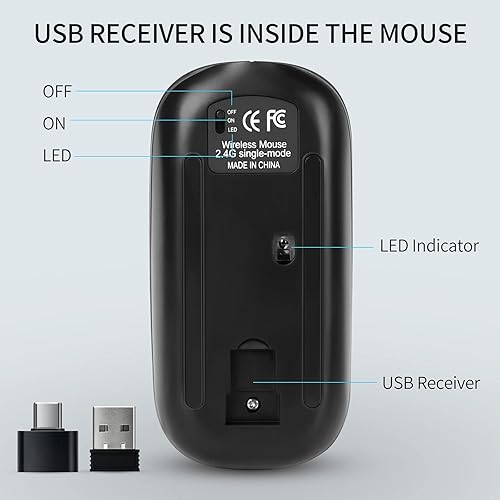 Miniatura 9 de KBCASE Mouse inalámbrico, mouse inalámbrico LED para laptop, mouse delgado y silencioso 2.4G recargable inalámbrico para computadora portátil,