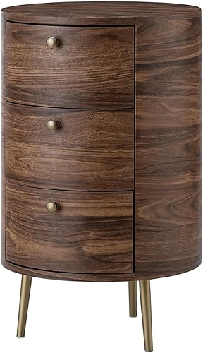 Miniatura 8 de HULALA HOME Mesa auxiliar redonda con 3 cajones de almacenamiento, mesa auxiliar moderna de mediados de siglo con patas de metal, mesa auxiliar