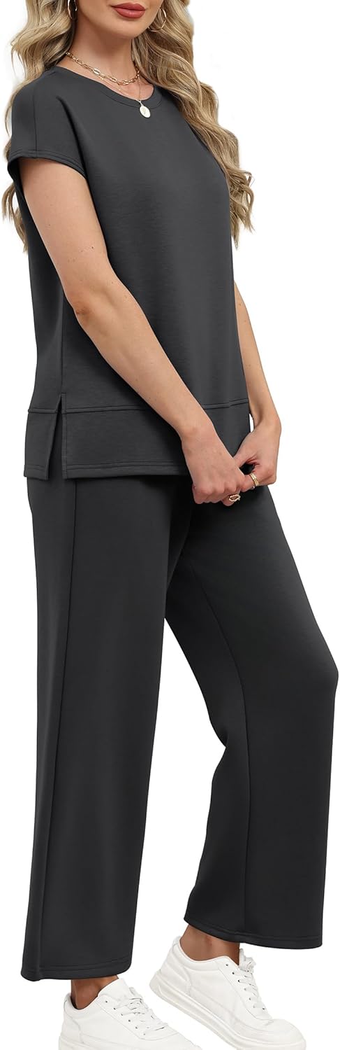 XIEERDUO Women's Cap Sleeve Lounge Sets 2 Piece Travel Outfits Airport Tracksuits Wide Leg Loungewear S-3XL - Image 3