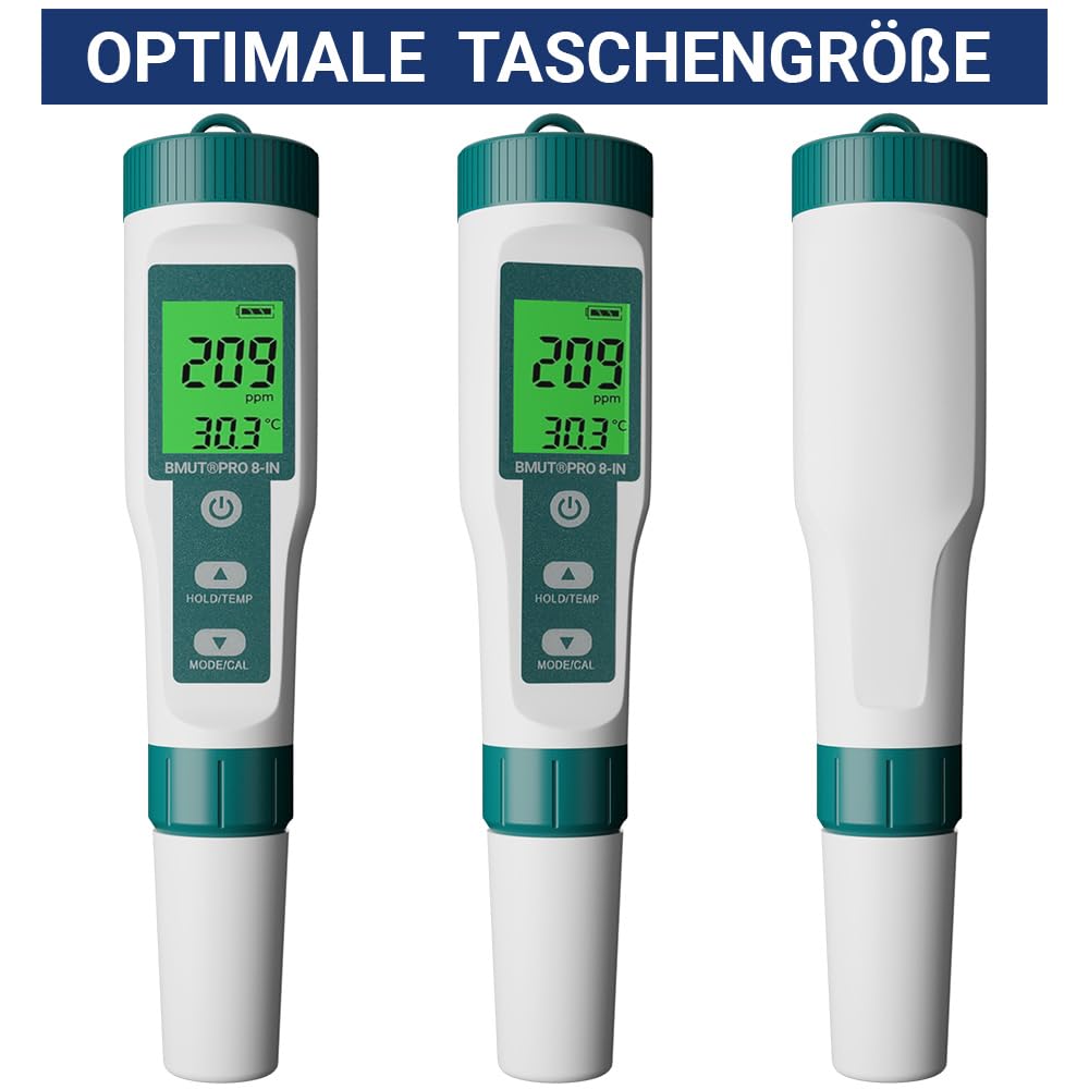 Miernik pH 8 w 1 do wody, pH | TDS | EC | zasolenia | ORP | H2 | termometr z wyświetlaczem LCD, bardzo precyzyjny tester wody – do wody pitnej, napojów, basenu i akwarium