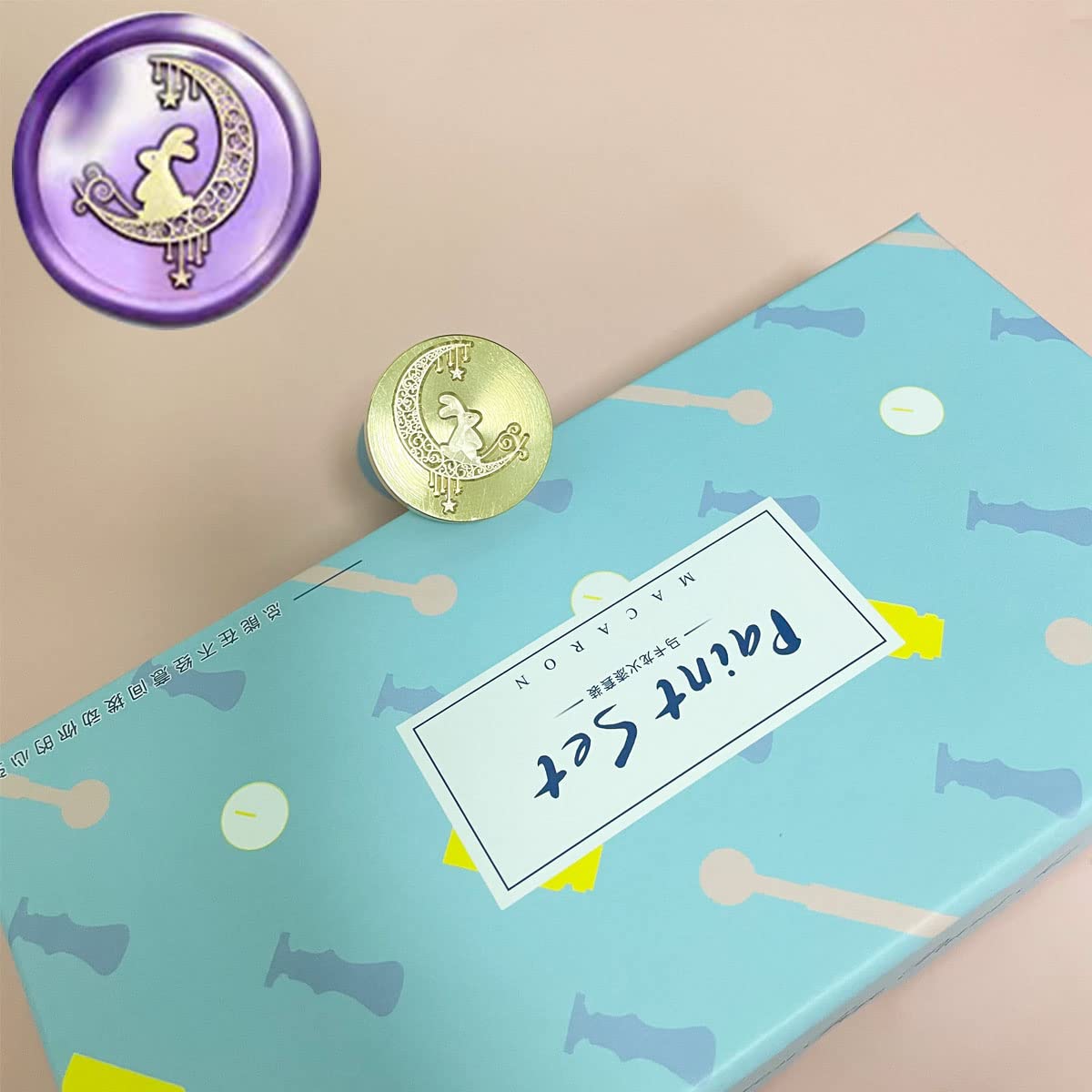 YOKIOU Wax Seal Stamp Kit with Wax Beads and Melting Spoon, Rabbit on The Moon (Blue) 1