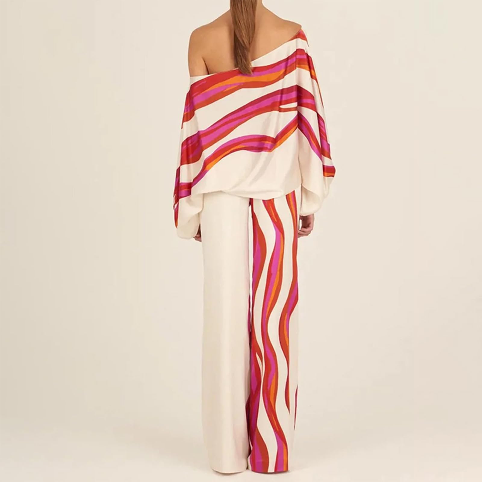 Conjunto casual de dos piezas para mujer, con hombros descubiertos, manga larga, pantalones de pierna ancha, para invitados de boda, salir