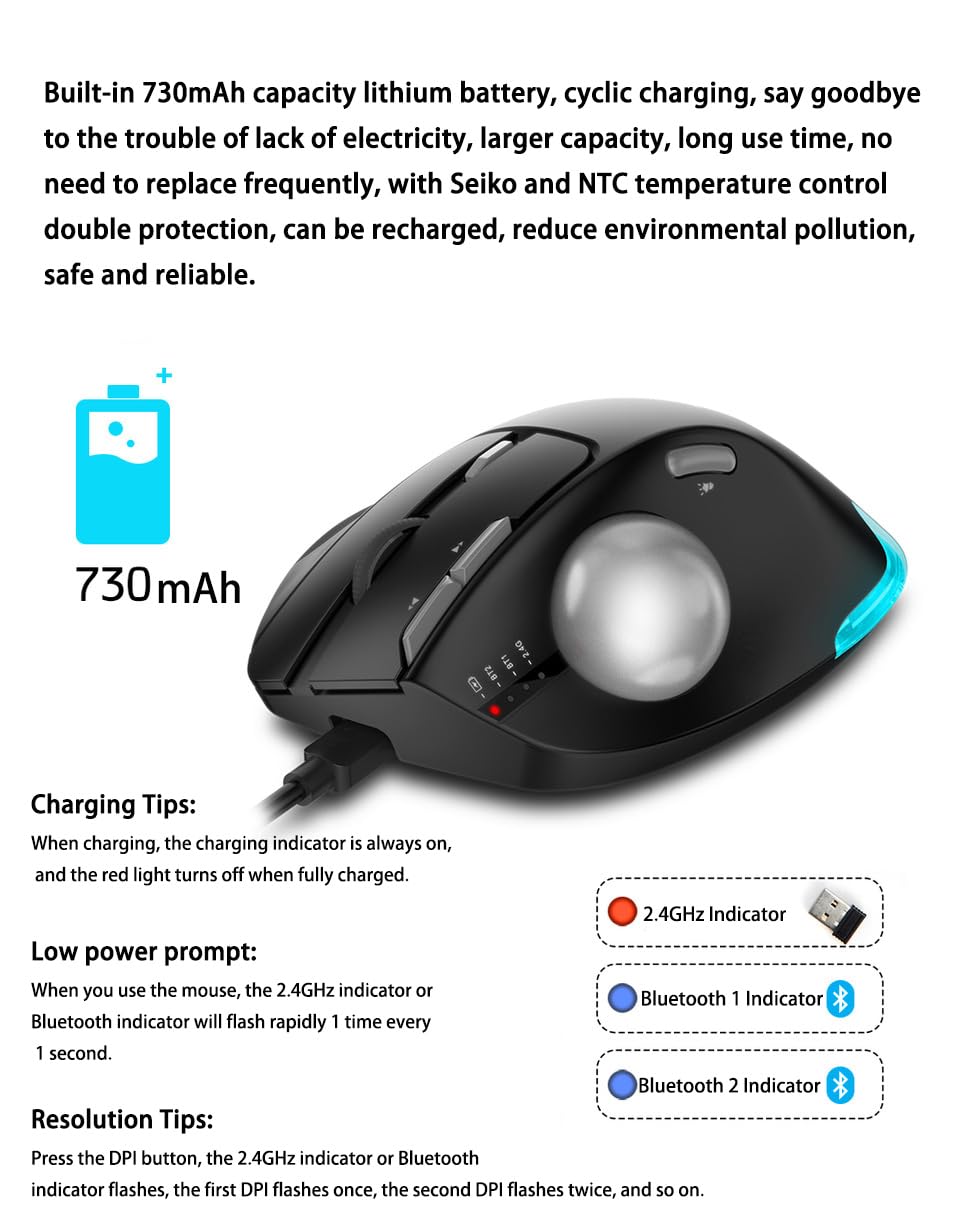 Mouse Trackball Wireless, Mouse Ergonomico Wireless con Bluetooth 2.4G, Ricaricabile Mouse per PC, Mac, Windows, Controllo Pollice, con Luci Colorate RGB Pulsanti Programmabili Trasformazione Nero