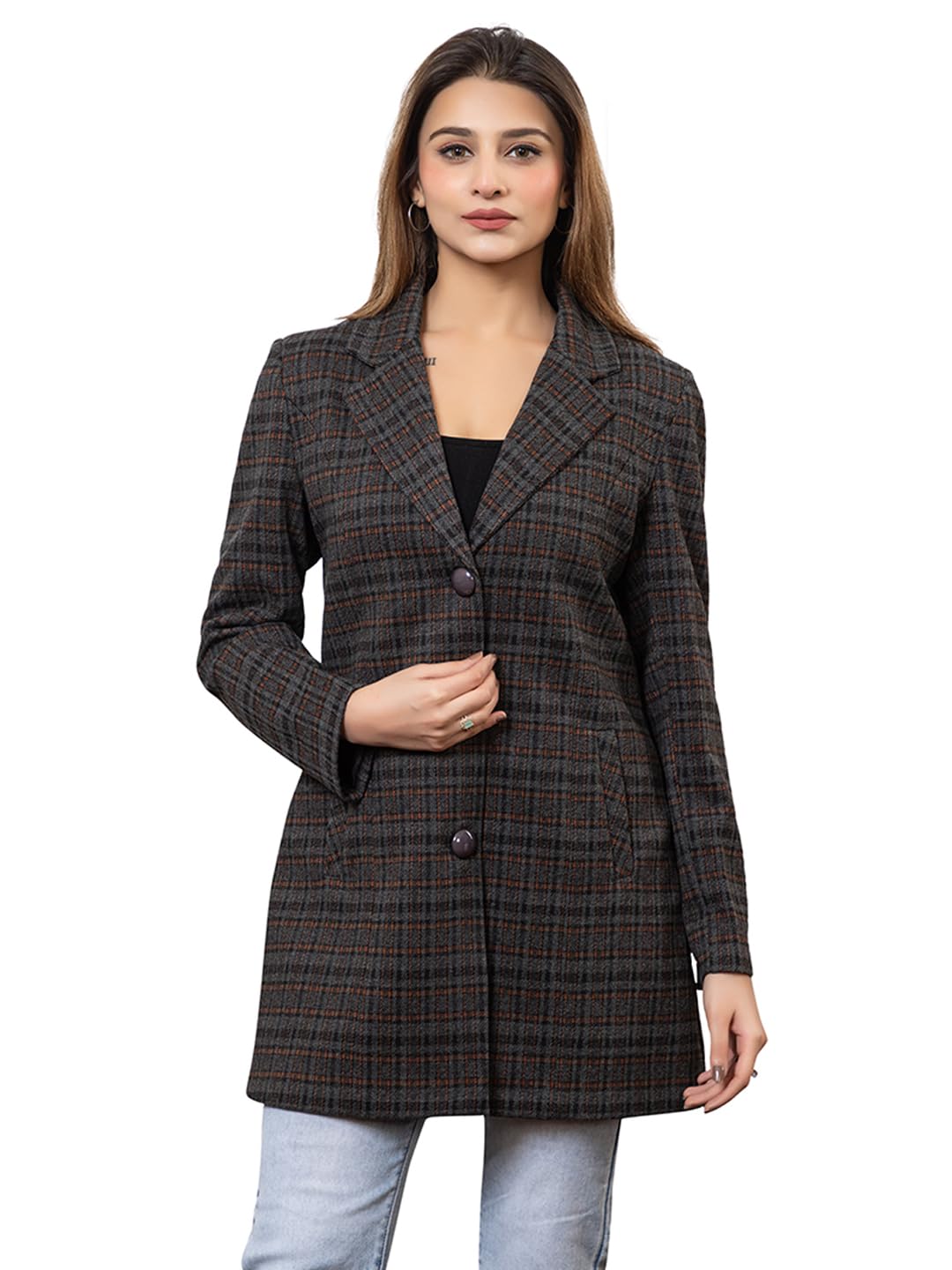 twenty me Winter Wear Casual Wear Outdoor Wear Acrylic Blend Collared Checked Full Sleeve Women's Coat (4410)-picture-15