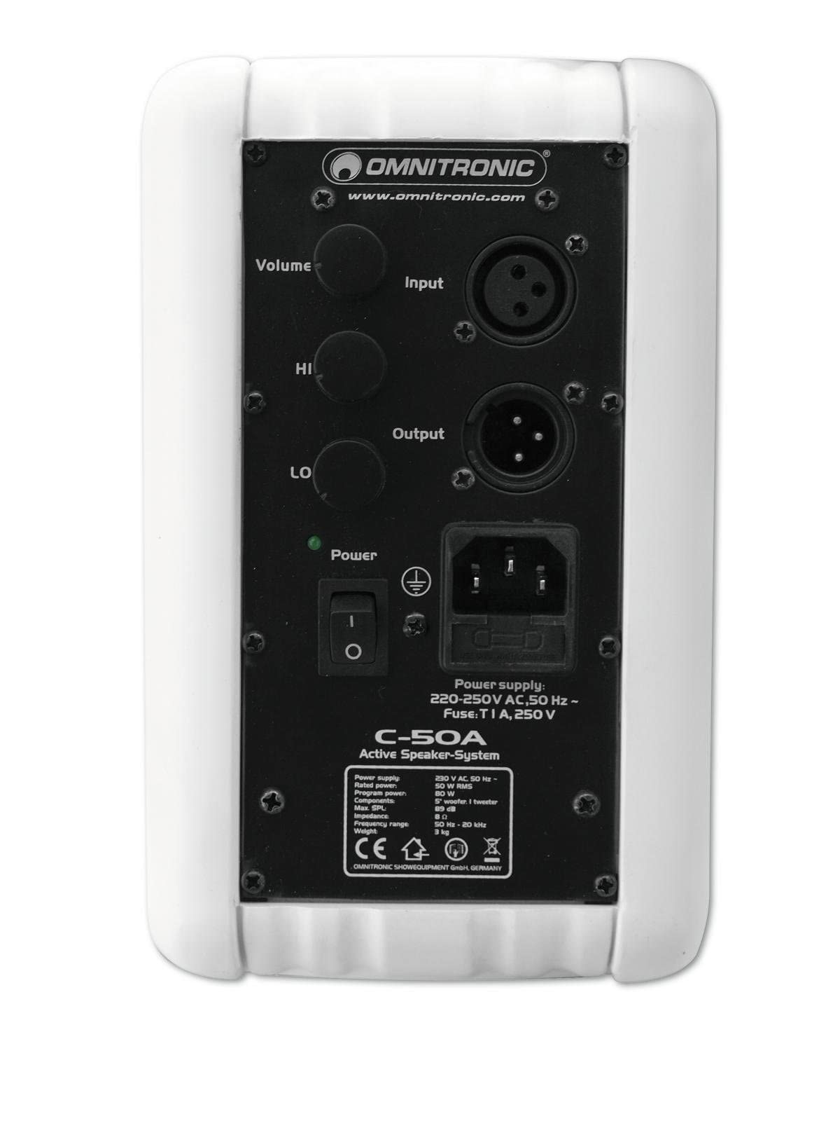 OMNITRONIC C-50A aktiv weiß 2x | Aktives 2-Wege-Lautsprecherpaar mit Halterung, 5"-Tieftönern und 50 W RMS