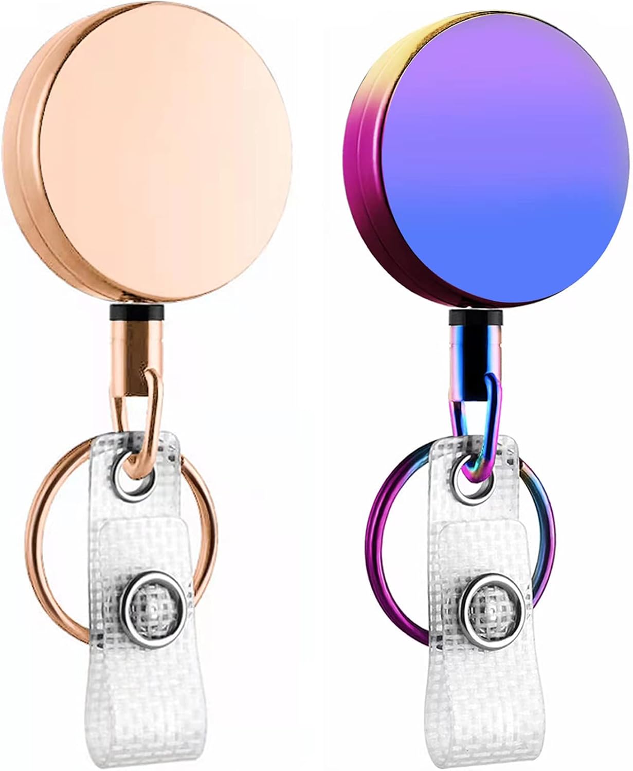2 Pack Heavy Duty Retractable Badge Reel Metal ID Badge Holder Reel with Belt Clip Key Ring for Name Card Keychain-27.5" Reinforced Steel Wire Cord (Metal 2Pack Colorful+Rose Gold)