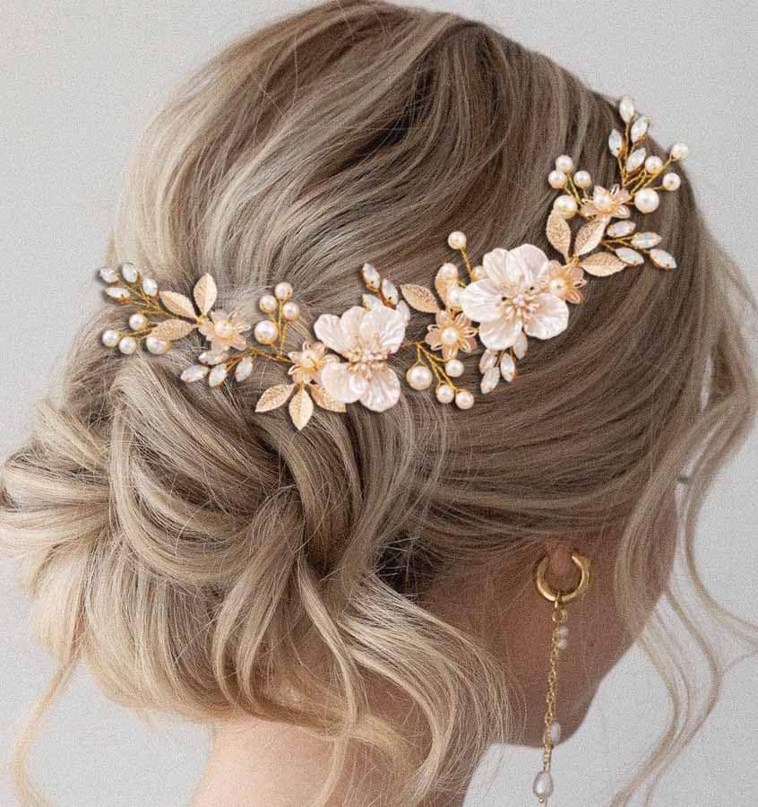 Flower Bridal Hair Vine Gold Leaf Pearl Wedding Headpiece 