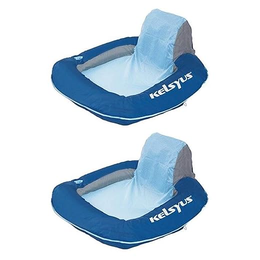 Kelsyus Floating Swimming Pool Lounger Inflatable Chair w/Built-in Cup Holder & Clip, Blue (2 Pack)