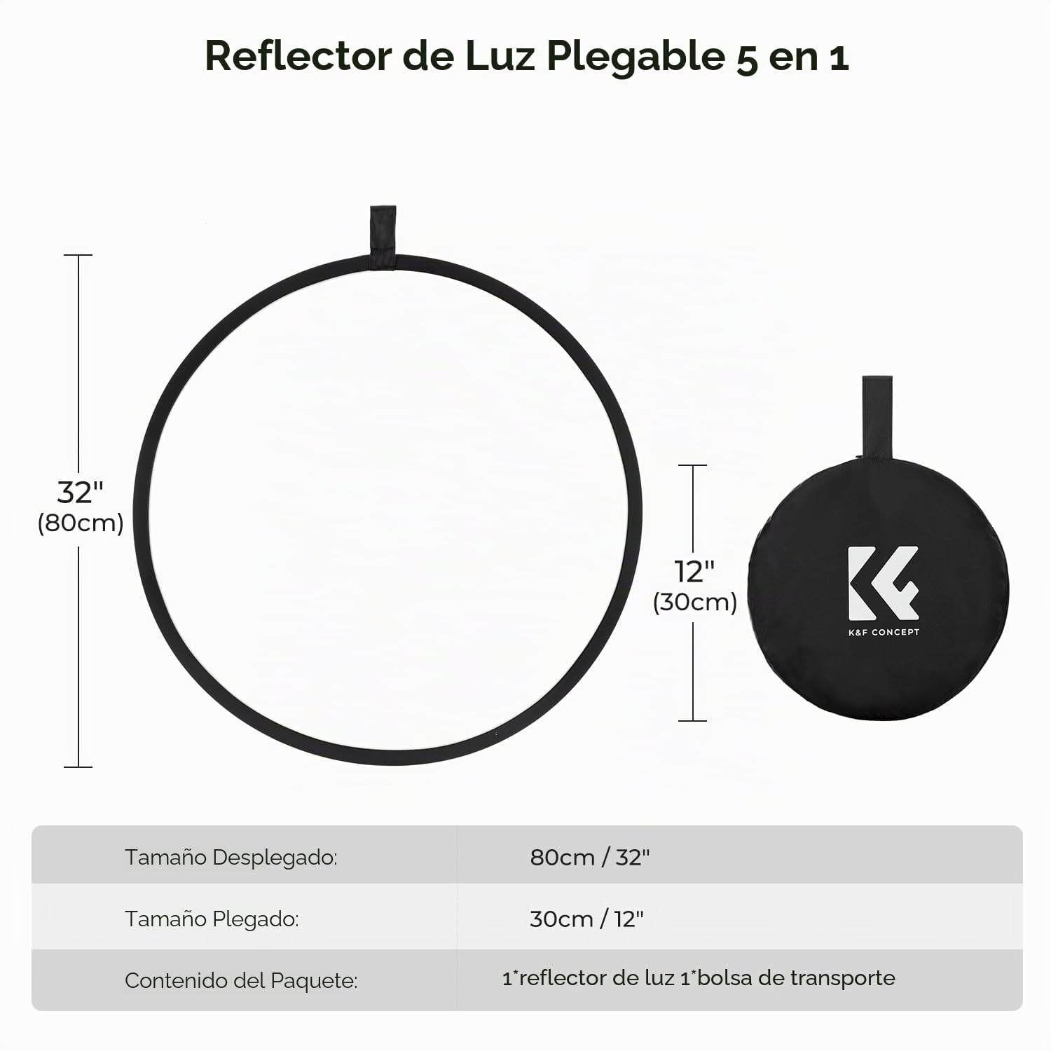 K&F CONCEPT Reflector de Luz 5 en 1 Difusor de Fotografía de 32"(80cm) Colapsable Portátil para Iluminación de Estudio y Exterior Oro Plata Blanco Negro Translúcido