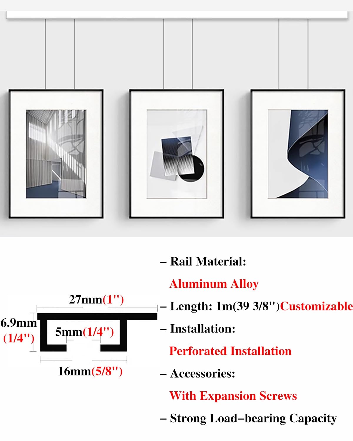 Colgar Cuadros Colgadores de Cuadros para Techos de Yeso de Alta Resistencia, Expositores de Fotos Ajustables con Clips para Oficina y Hogar, Obras de Arte Decorativas Metálicas Flexibles.(3.3'/1m Cab