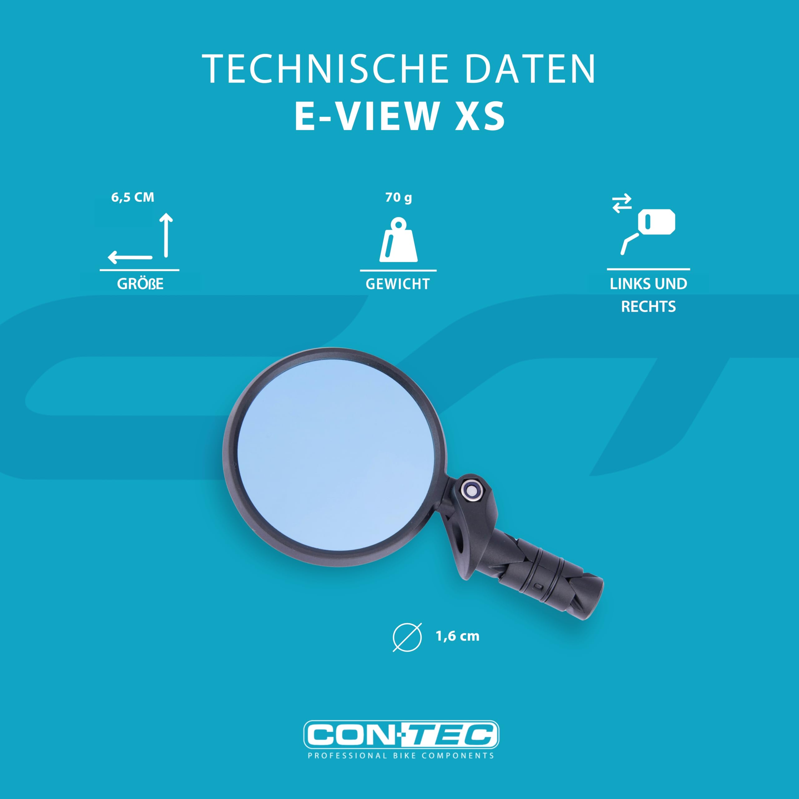 CONTEC E-View XS Fahrradspiegel, E-Bike Rückspiegel mit Edelstahllinse Ø 62 mm, Glare oder Dazz Linse, Lenker-Innenklemmung Ø 16 mm, rechts & links montierbar, robust & schwarz