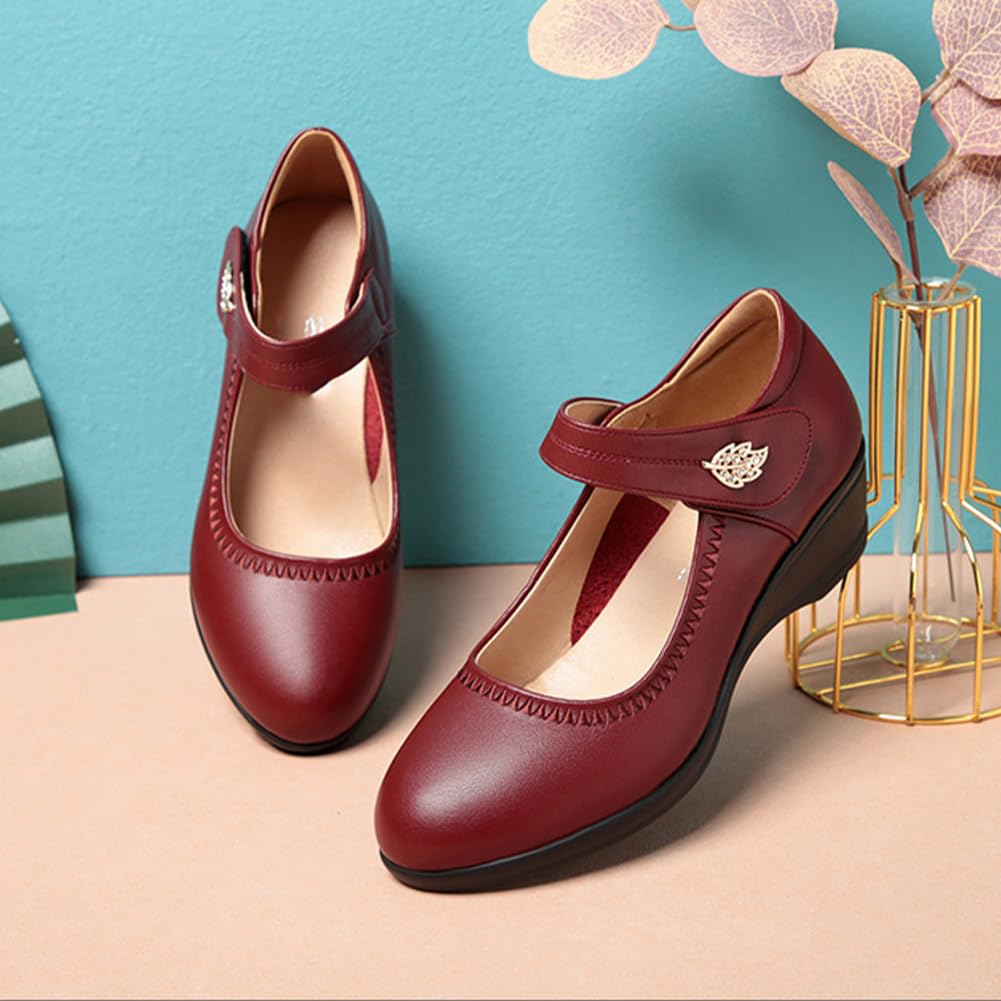 Mary Jane Comfort - Zapatos de tacón de cuña con correa de tobillo para mujer, puntera cerrada, puntera redonda, antideslizante, zapatos Mary Jane para mujer