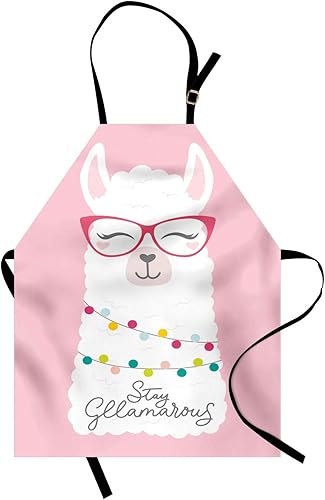 Lunarable Delantal de llama, retrato de animal esponjoso adornado en rondas coloridas y caligrafía, babero de cocina unisex con cuello ajustable