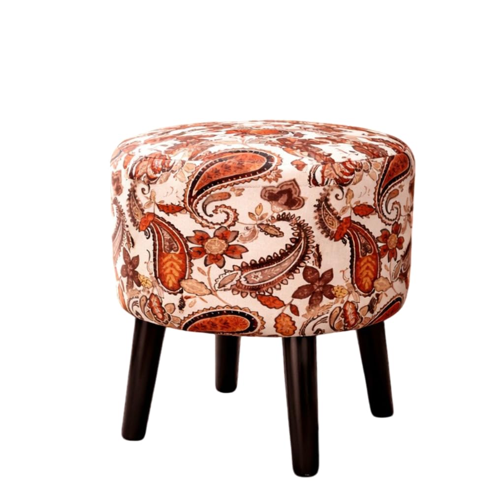 Floral Printed Round Ottoman Stool with Wooden Legs | Pouffe Footrest Sofa Side Stool for Living Room Bedroom & Vanity Decor (Classic Paisley)-image-0
