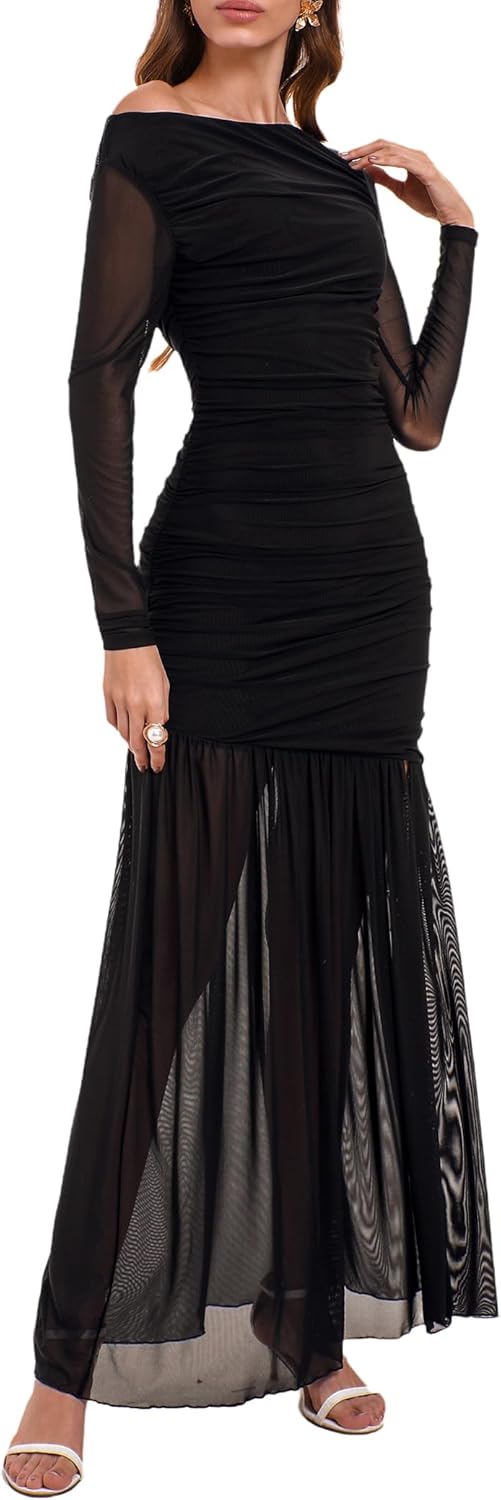 HYPERFIRE Women's Formal Wedding Guest Dresses Mesh Long Sleeve Off The Shoulder Asymmetrical Maxi Dress - Image 4