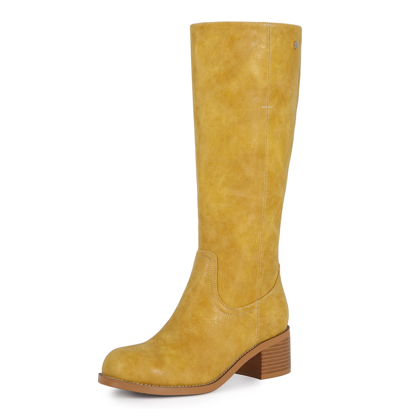 Wide Calf Knee High Boots for Women Vegan Leather Riding Boots Round Toe Low Block Heel Side Zipper