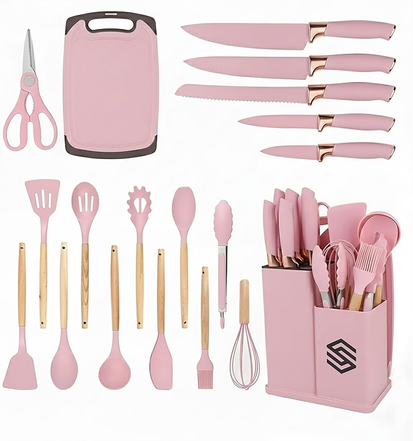 19 PCS Pink Silicone Cooking Utensils Set with Wooden Handle & Knife Set Block, Heat-Resistant Spatula, Spoon, Ladle, Whisk with Holder – BPA Free, Silicone Kitchen Utensil Set for Cooking & Baking