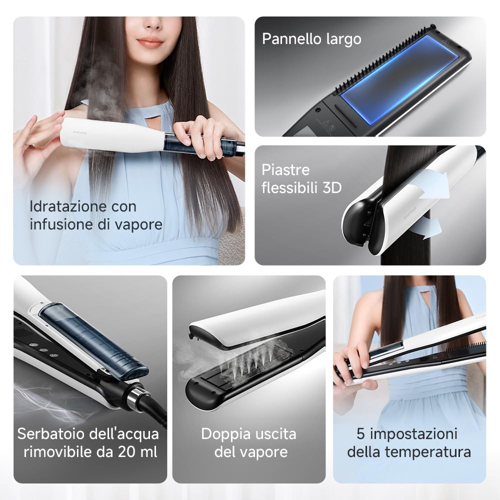 DREAME AuraSteam Straight Piastra per Capelli a Infusione di Vapore, per Capelli Lisci e Ricci, con Pannello Espanso, Piastra Flessibile 3D, Doppia Uscita del Vapore e Serbatoio dell'Acqua Rimovibile