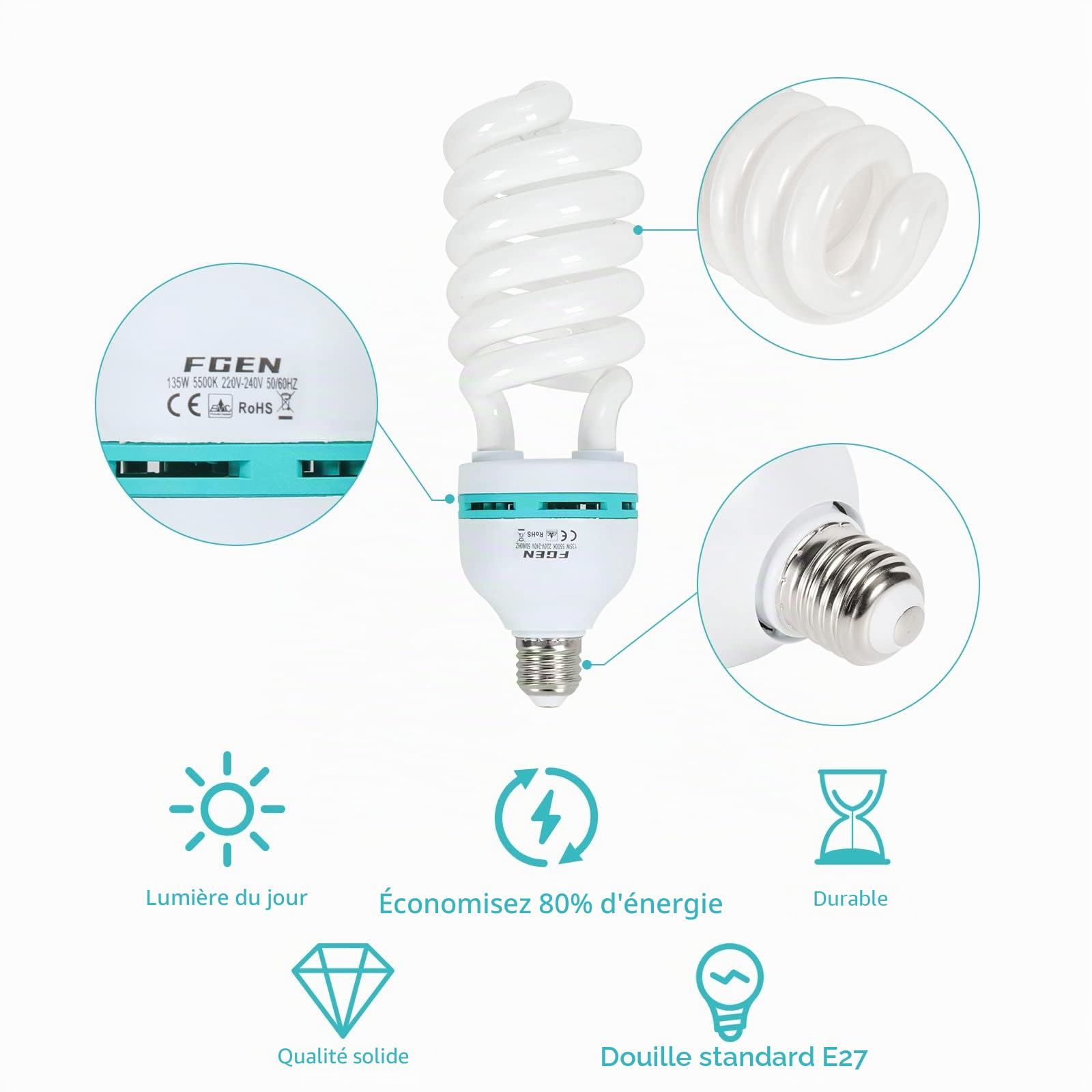 FGen Lampes 2x135W CFL, 5500K, CRI>90, Plus Lumineux à Économie d'Énergie