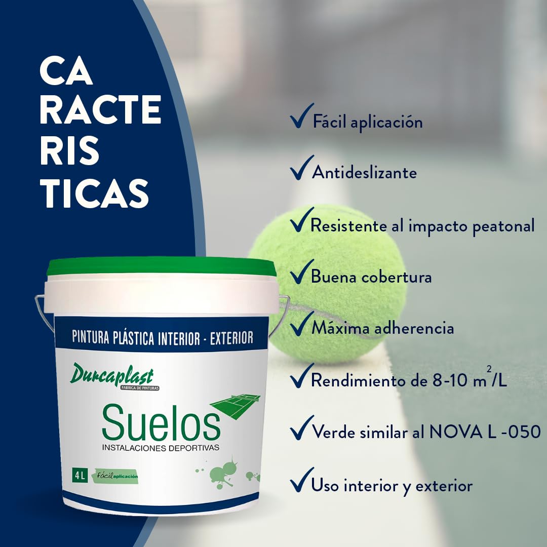 pintura de suelos para pistas deportivas, garajes y pavimentos en general de hormigón, cemento, asfalto y mortero. Color Verde similar a NOVA L-050 Mate, 4 Litros.