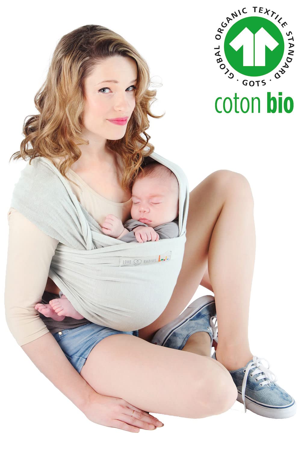 Love Radius BASIC Cotone Bio - Nascita a 9 kg - Sciarpa da trasporto estensibile - Regolazione facile 1 nodo preliminare per mettere e uscire il bambino, trasporto ventrale, porta bebè mani libere