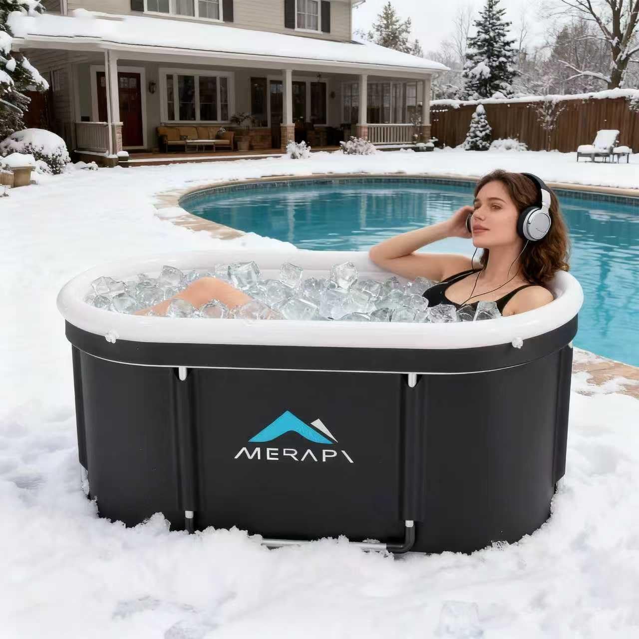 Merapi XL 131 Gal Portable Ice Bath Tub - Large Oval Cold Plunge for Athletes Recovery, Foldable Ice Bath Tub for Muscle Recovery, Home Gym, Outdoor Cold Therapy with Fast Drainage & Neck Cushion
