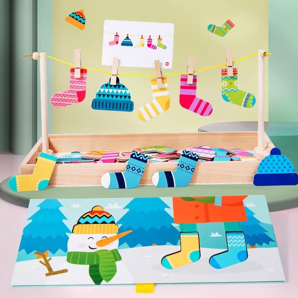Montessori Sock Hanging Play Set, Wooden Clothesline Toy with Clothespins for Toddler Fine Motor Skill Training