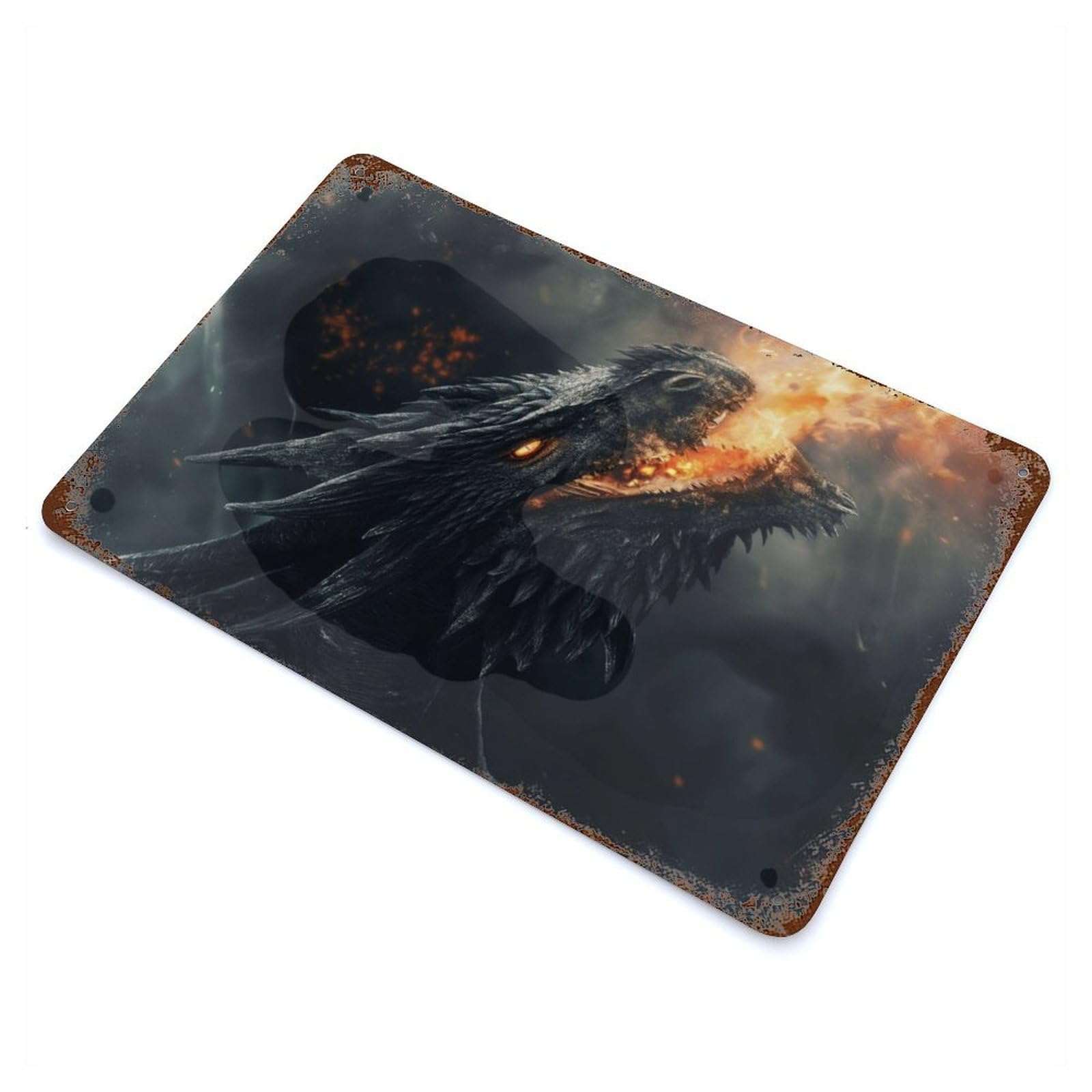 Black Fire Dragon Aged Metal Wall Plaque 11.8"x7.9", Ideal for Garage, Bar And Workshop Decor