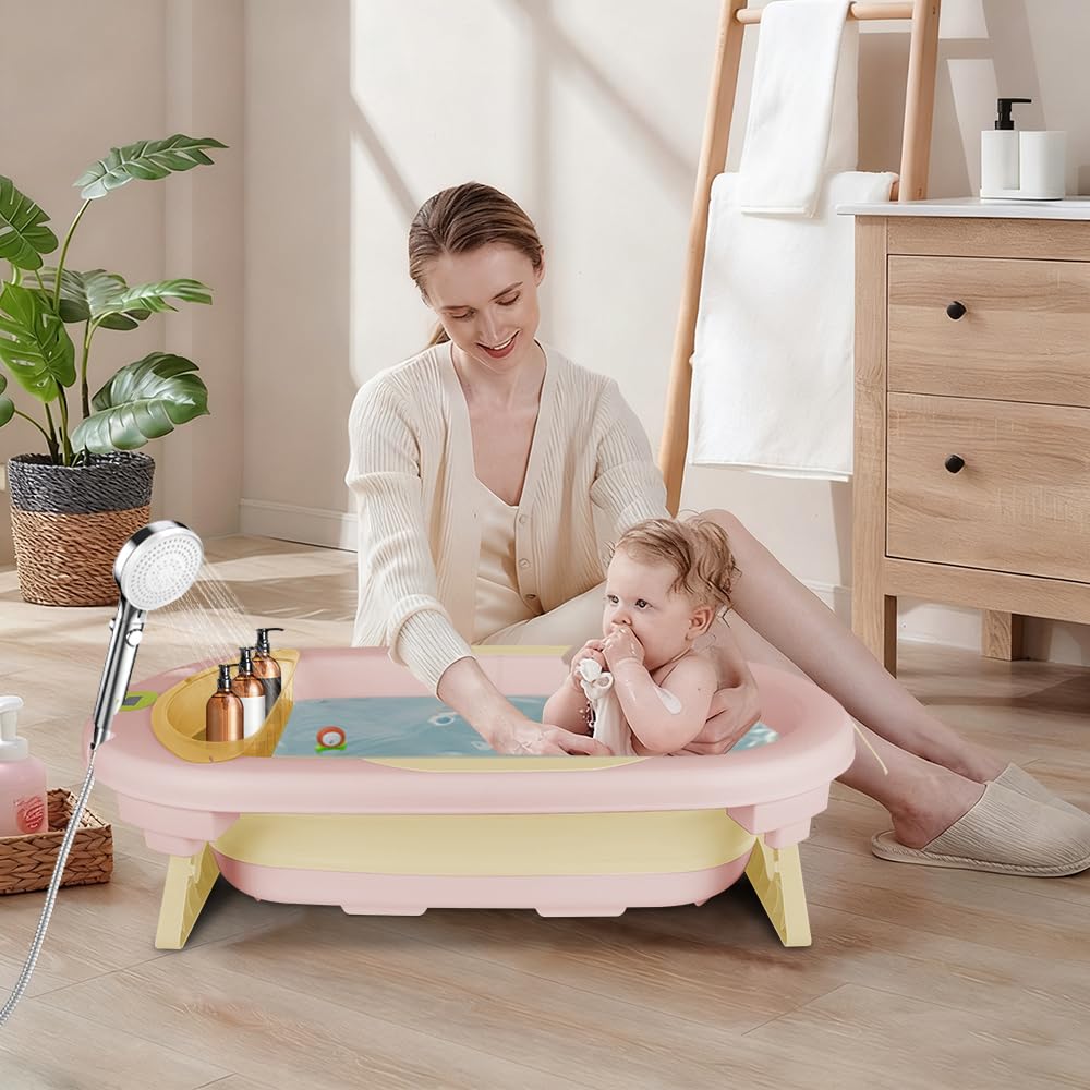 Bañera plegable para bebé con cojín de baño, ergonómica, antideslizante, para recién nacidos, bebés de 0 meses+, bañera termostática con alfombrilla de baño y gorro de ducha