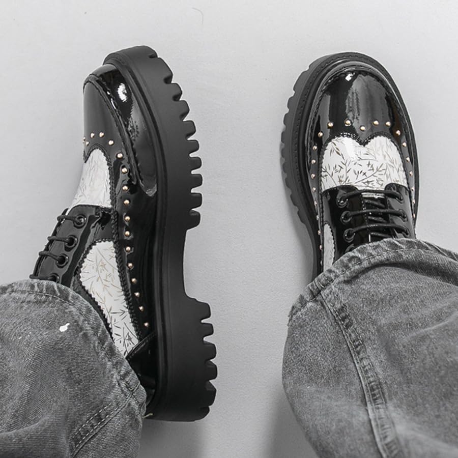 Image of Men's Patent Leather Platform Dress Shoes Classic Round Toe Thick Lug Sole Lace Up Oxfords Comfort Block Heel Derby Business Casual Shoes