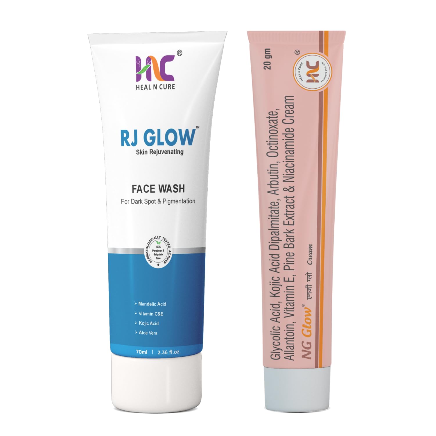 RJ Glow Facewash, & NG Glow Cream, (Combo pack For More effective) - Treat Melasma, Pigmentation, and Dark Spots, Complete Skincare, Daily Skin Routine, Suitable for all skin type