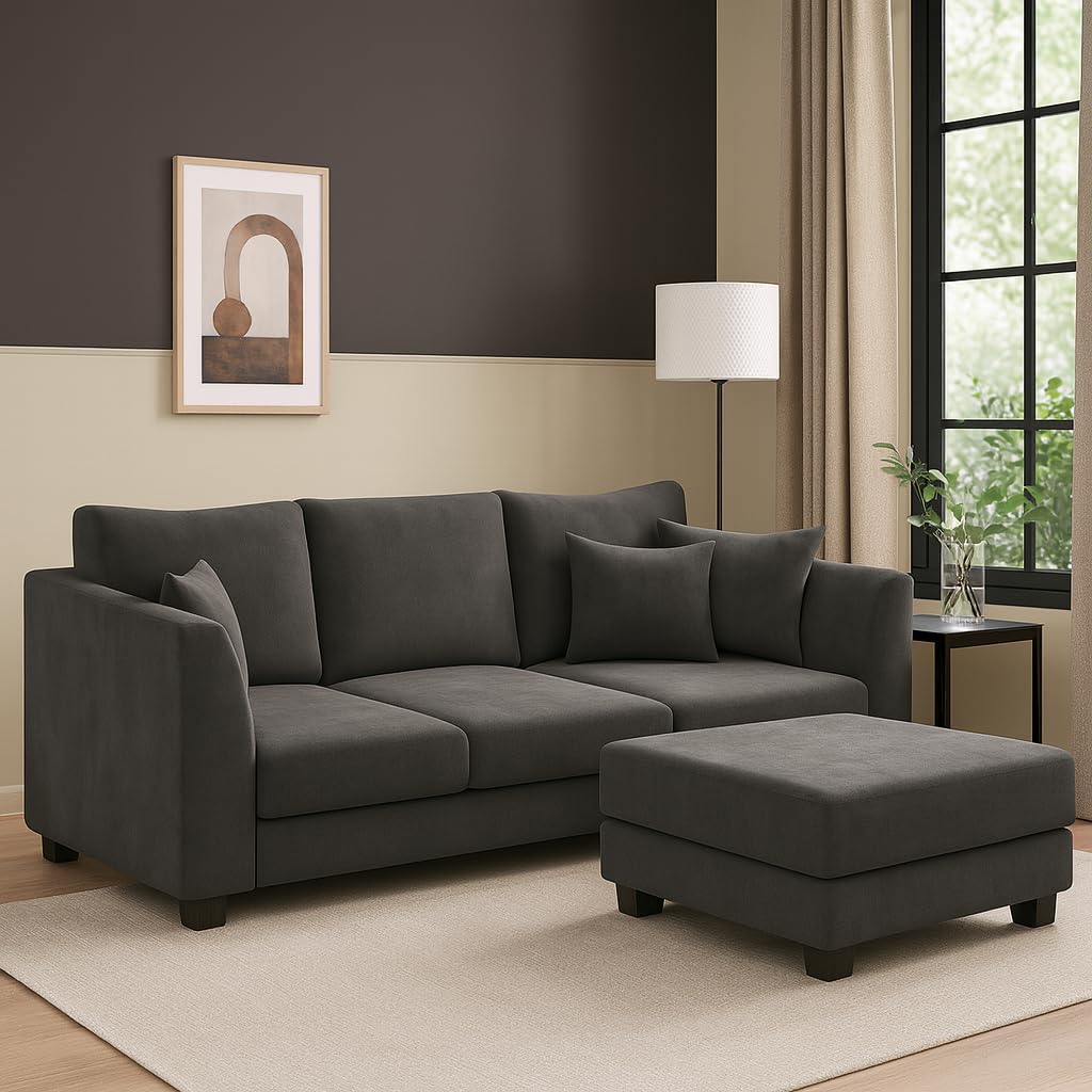 FURNY Premium Ravona 4 Seater Convertible Fabric L Shape Sofa Set, 3 Seater Sofa with Ottoman (Dark Grey) Color with Velvet Fabric | Durable Comfort | Modern Design | Ideal for Living Room-image-5