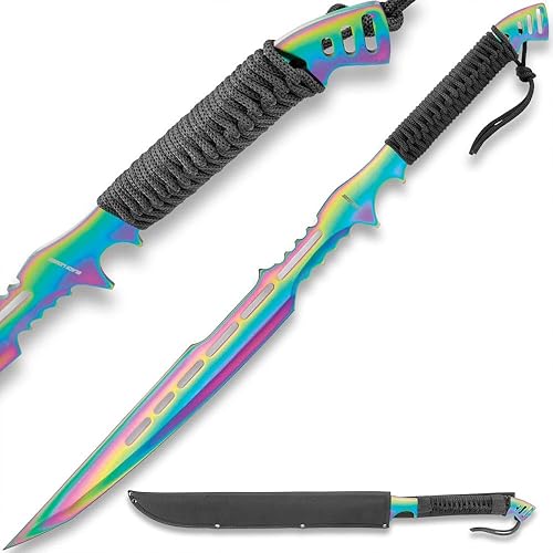 Black Legion Atlantis - Espada de fantasía con vaina, construcción de acero inoxidable de una pieza, revestimiento de titanio arcoíris, agarre de