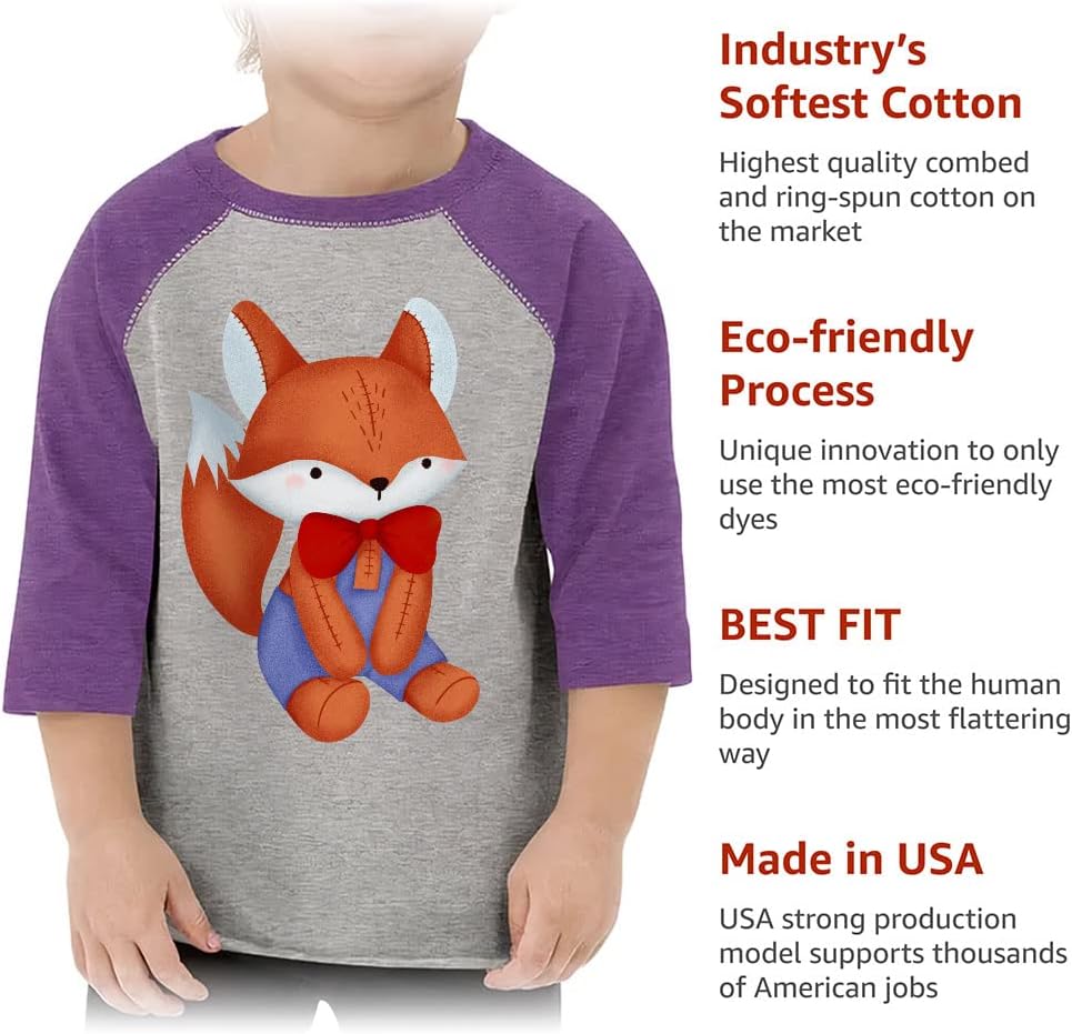 Cartoon Fox Toddler Baseball T-Shirt - Animal Print 3/4 Sleeve T-Shirt - Funny Design Kids' Baseball Tee