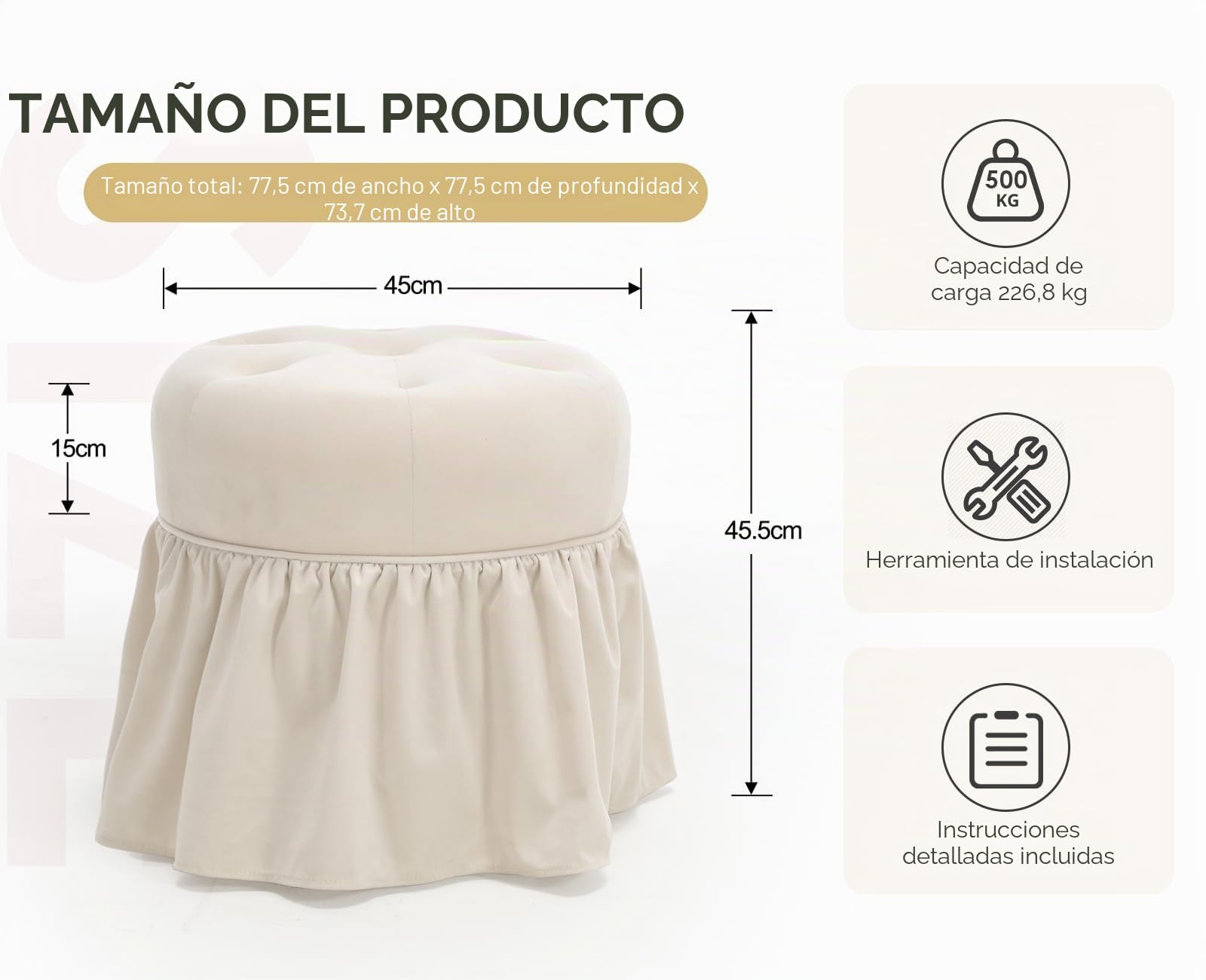 Ya-Home Taburete Tocador Otomano Terciopelo con Ruedas, Beige