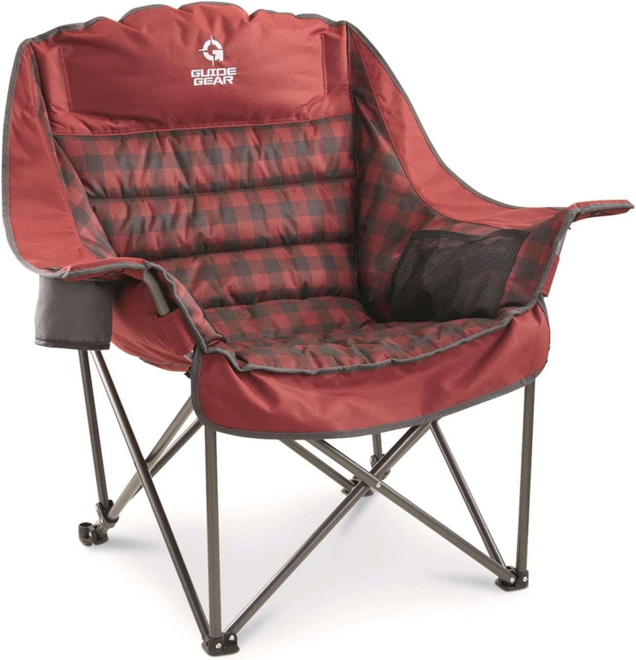 Guide Gear Oversized Extra Large Padded Camping Chair, Portable, Folding, Large Camp Lounge Beach Chairs for Outdoor, Adults, Men and Women, Heavy-Duty 400 Pound Capacity, with Cup Holder Red Plaid