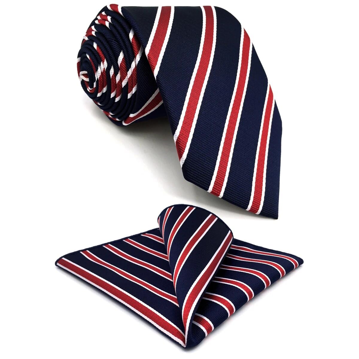 S&W SHLAX&WING Mens Tie Set Striped Necktie Pocket Square Blue Red Stripes Satin