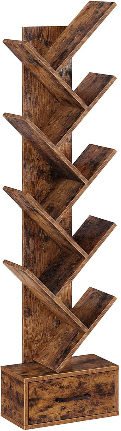 Rolanstar Bookshelf with Wooden Drawer, 9 Shelf Tree Bookshelf, Modern Book Storage, Free Standing Tree Bookcase, Utility Organizer Shelves for Home Office, Living Room, Bedroom, Rustic Brown : Home & Kitchen