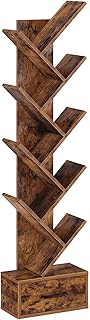 Rolanstar Bookshelf with Wooden Drawer, 9 Shelf Tree Bookshelf, Modern Book Storage, Free Standing Tree Bookcase, Utility Organizer Shelves for Home Office, Living Room, Bedroom, Rustic Brown