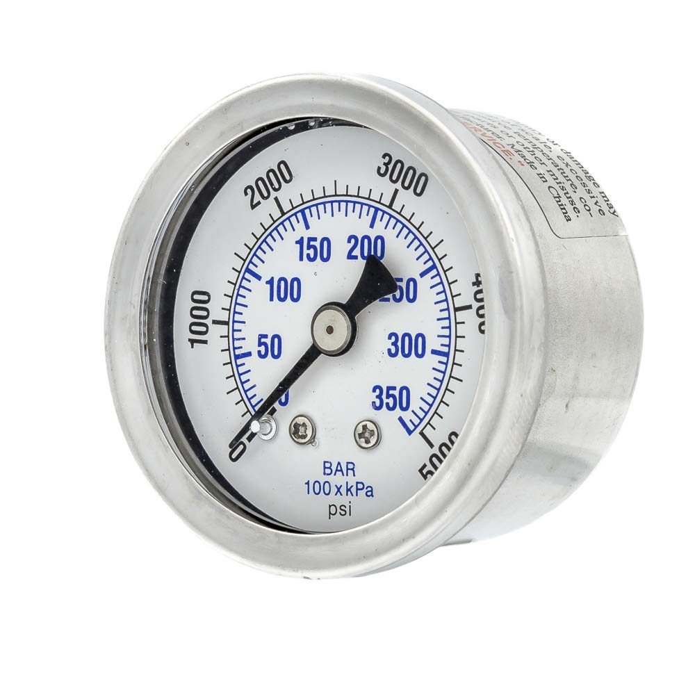 10 Pack of Liquid Filled Center Back Mount Pressure Gauge with 1.5" Dial, 0-5000 PSI, 1/8" Male NPT Connection, Stainless Steel CASE and Bezel (10)