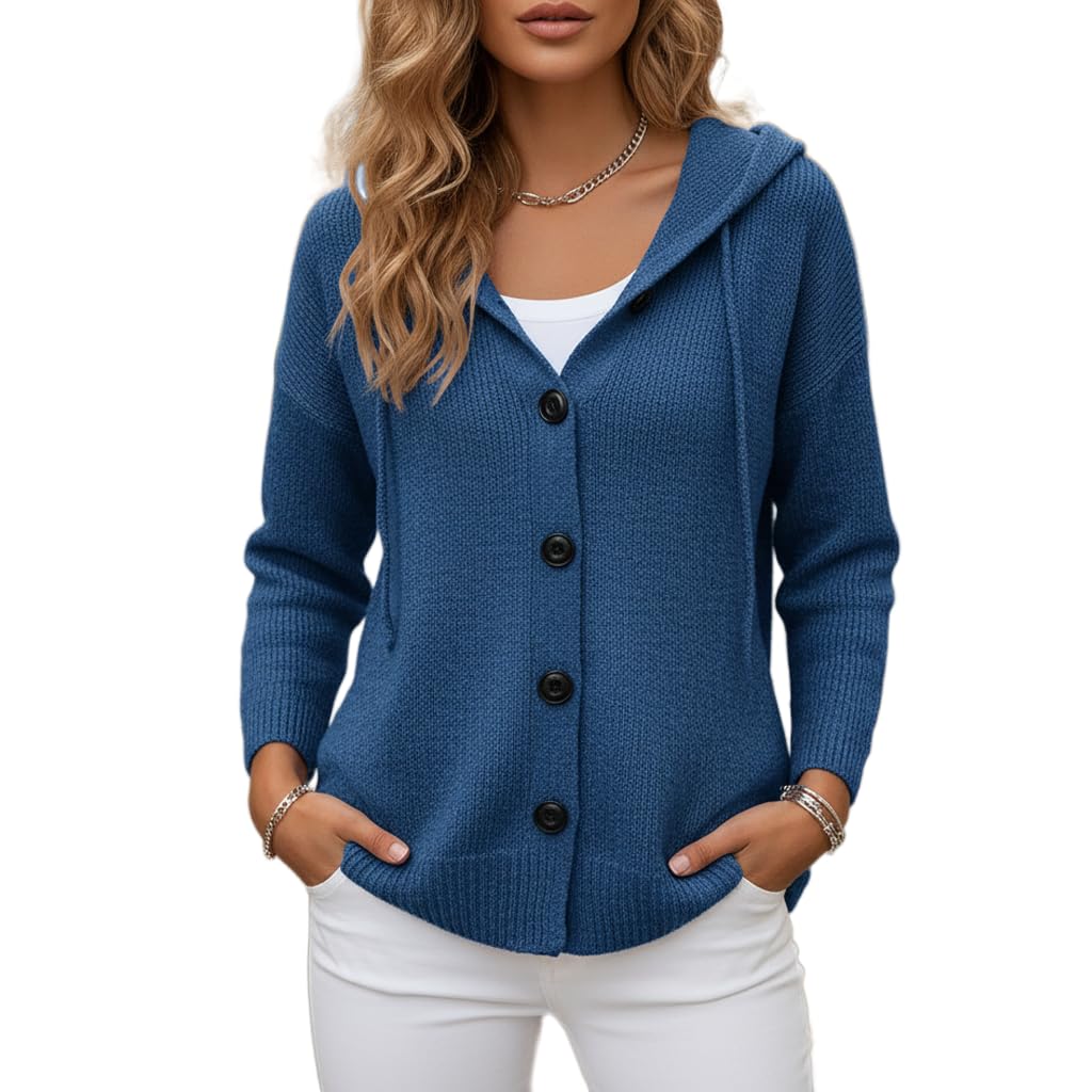Womens Hooded Button Front Knit Cardigan Long Sleeve Solid Fall Winter Casual Sweater Jacket