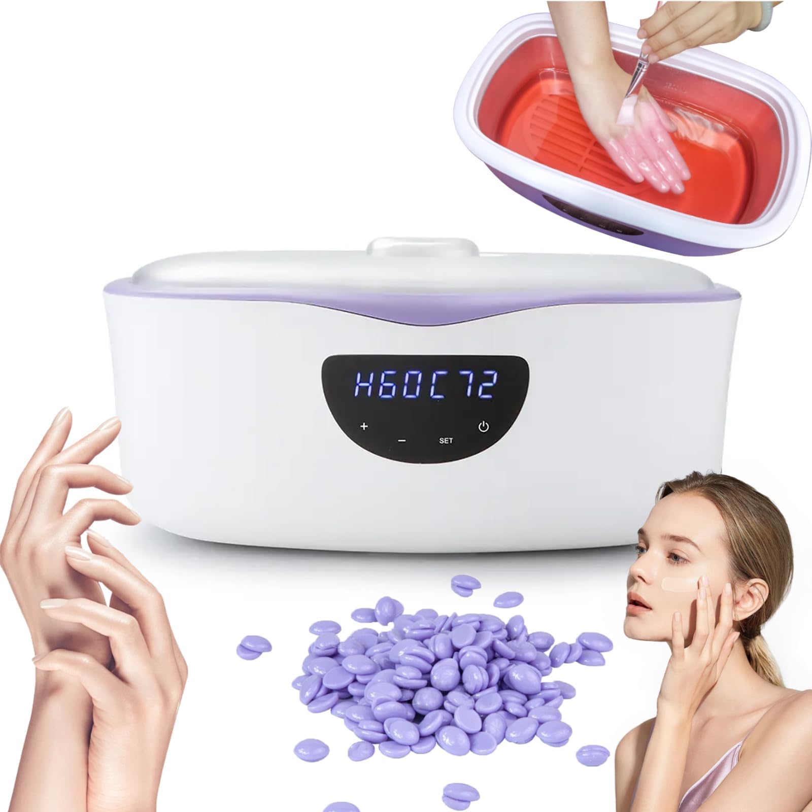 Macchina da bagno in cera di paraffina con vaso in puro alluminio, display a LED e controllo touch, temperatura regolabile (45-75 °C) e timer per terapia mani e piedi