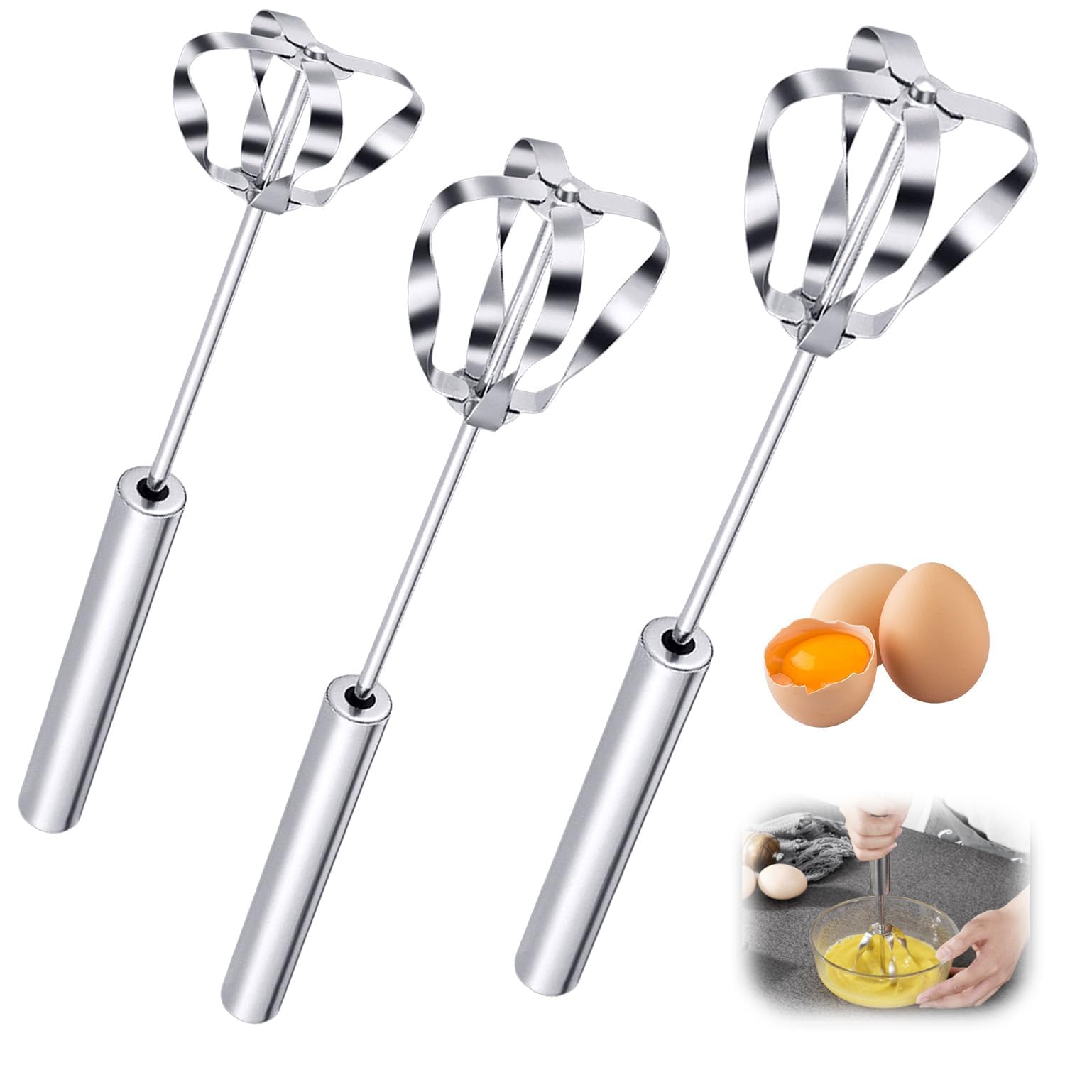Stainless Steel Semi-Automatic Whisk, 2025 Upgraded Wider Whisk Head Hand Push Rotary, Multi-Functional Hand Push Mixer for Blending (3pcs)