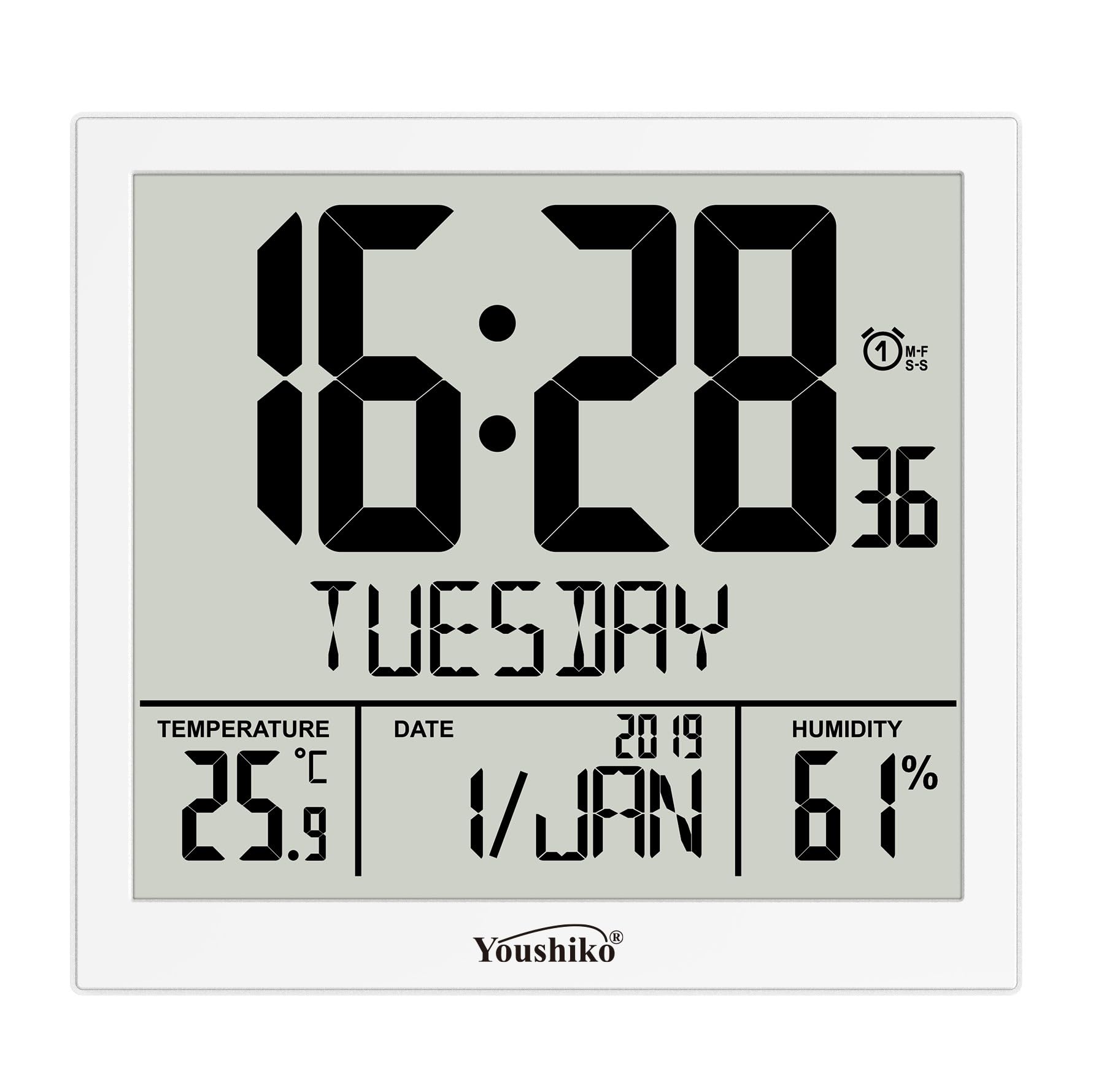 Youshiko Radio Controlled Wall Clock (Offical UK & Ireland Version) Silent LCD Auto Set Up with Day Date Month