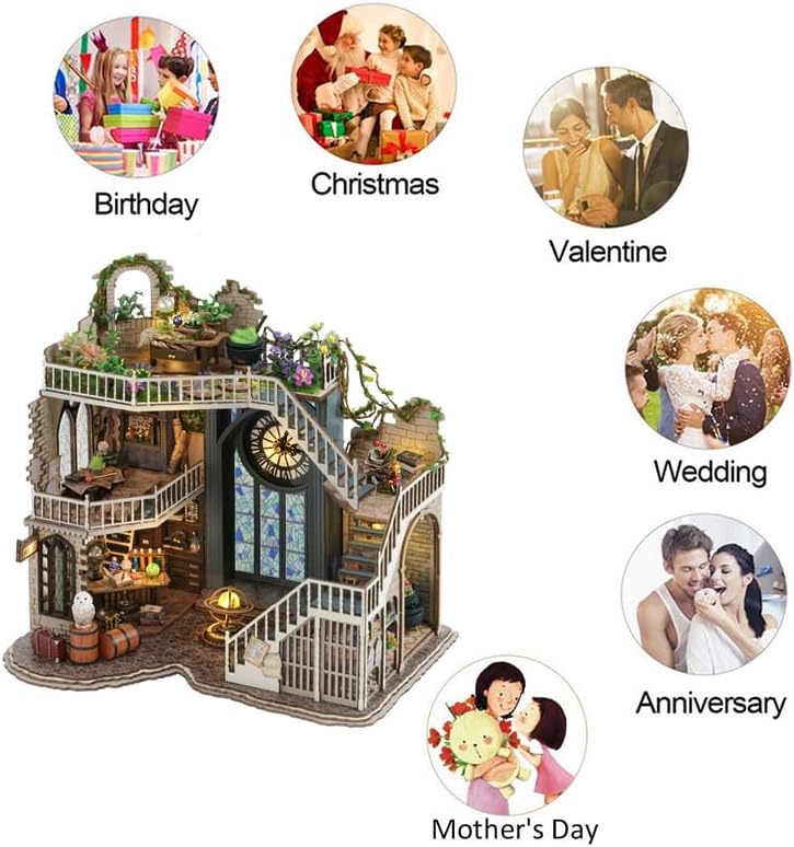 Miniatura 7 de Kit de casa de muñecas en miniatura con cubierta antipolvo, kits de casa de muñecas de madera mágicas retro, manualidades para adultos, kit de
