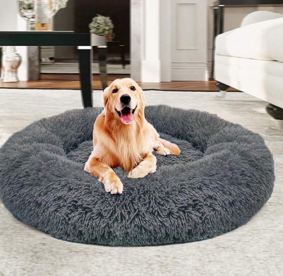 Yuly Warm Extra Large Donut Dog Bed, Calming Self-Warming Round Plush Bed for Large Dogs (120cm Dark Grey) — image 1