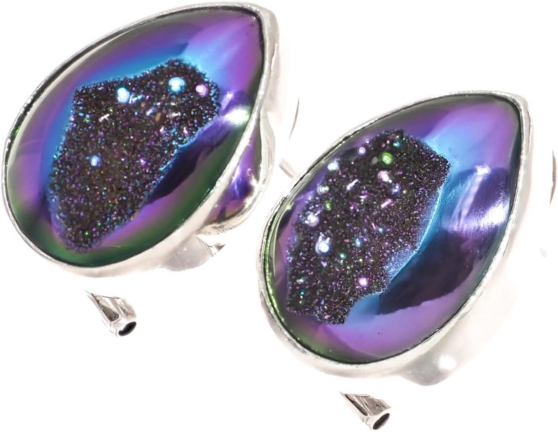 925 Silver Peacock Purple Titanium Druzy Pear Sterling Omega Stud Earrings, 3/4" p86183